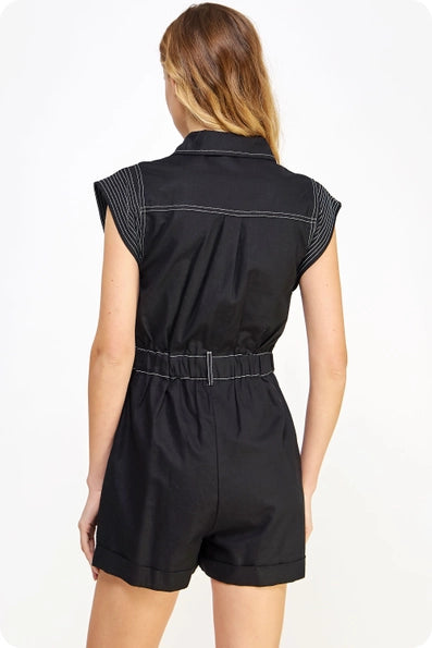 Top-stitch Vintage Style Romper: Black