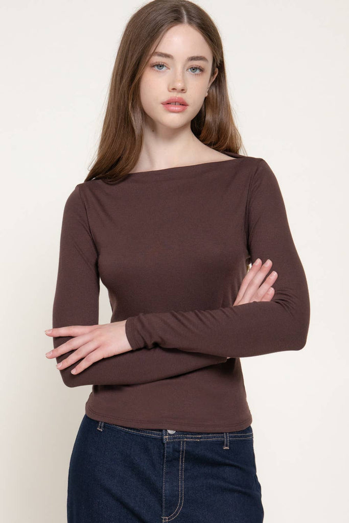 Boat Neck Brushed Rib Knit Top: Chocolate