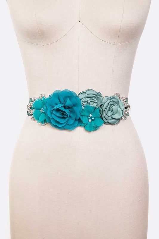 Georgette Floral Crystal Tie Belt: Teal