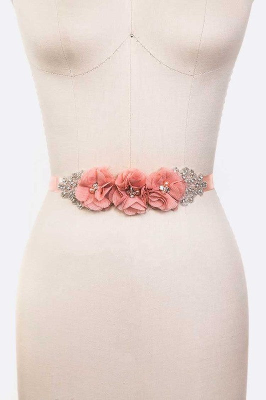 Georgette Floral Crystal Tie Belt: Peach