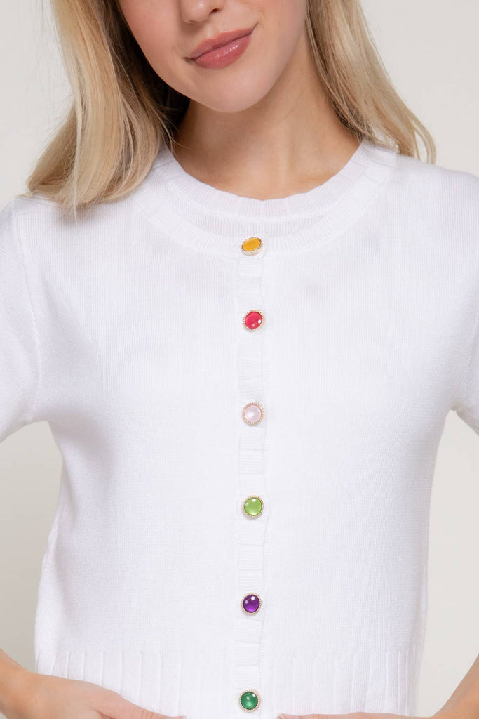 Short Sleeve Rainbow Button Cardi: Off White