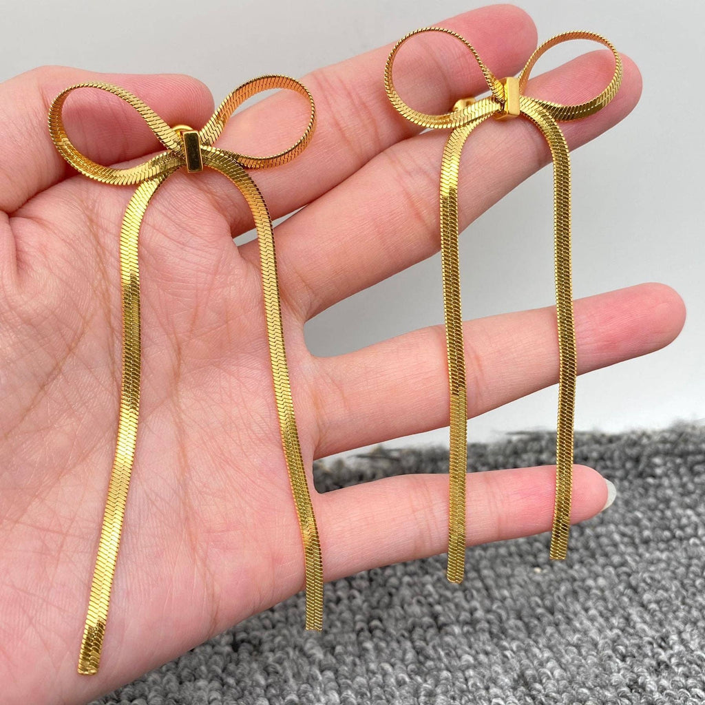 Gold Chain Bow Stainless Steel Earrings