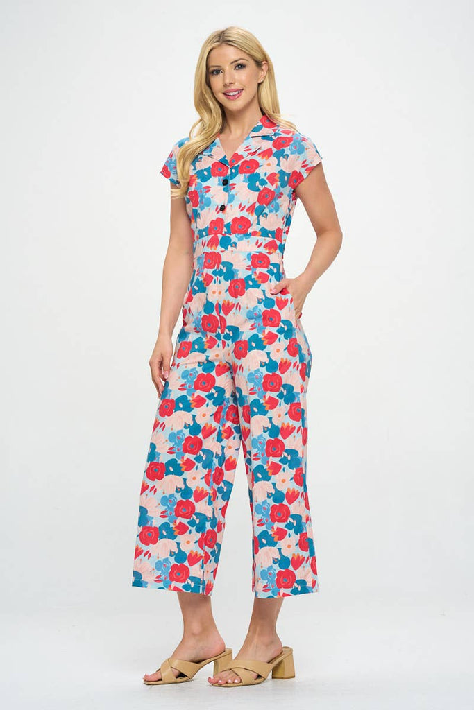 Floral Print Retro Jumpsuit: S