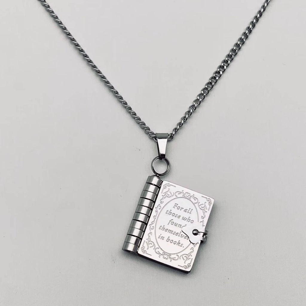Open Book Charm Stainless Steel Necklac - FGS: Steel color