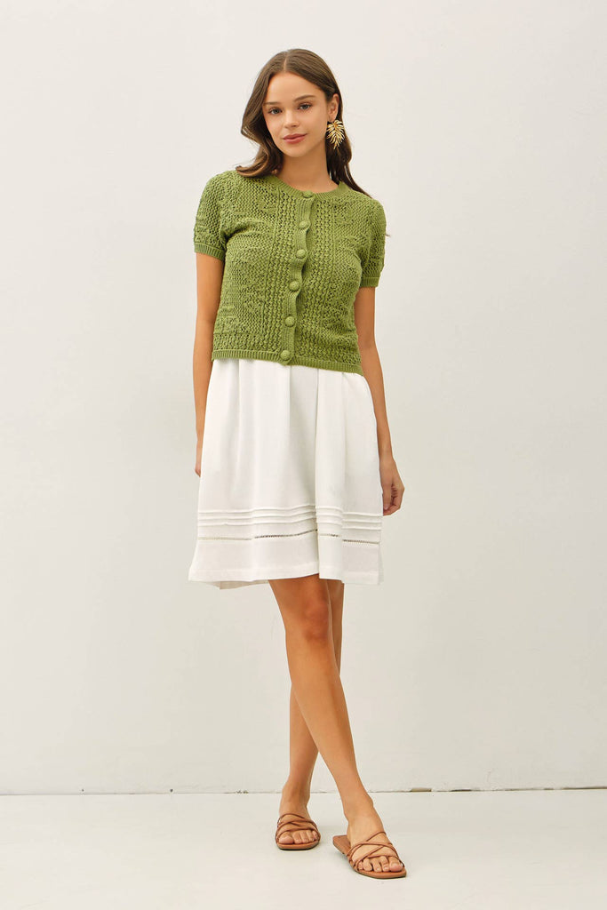 Cotton Crochet Short Sleeve Cardi: Pine