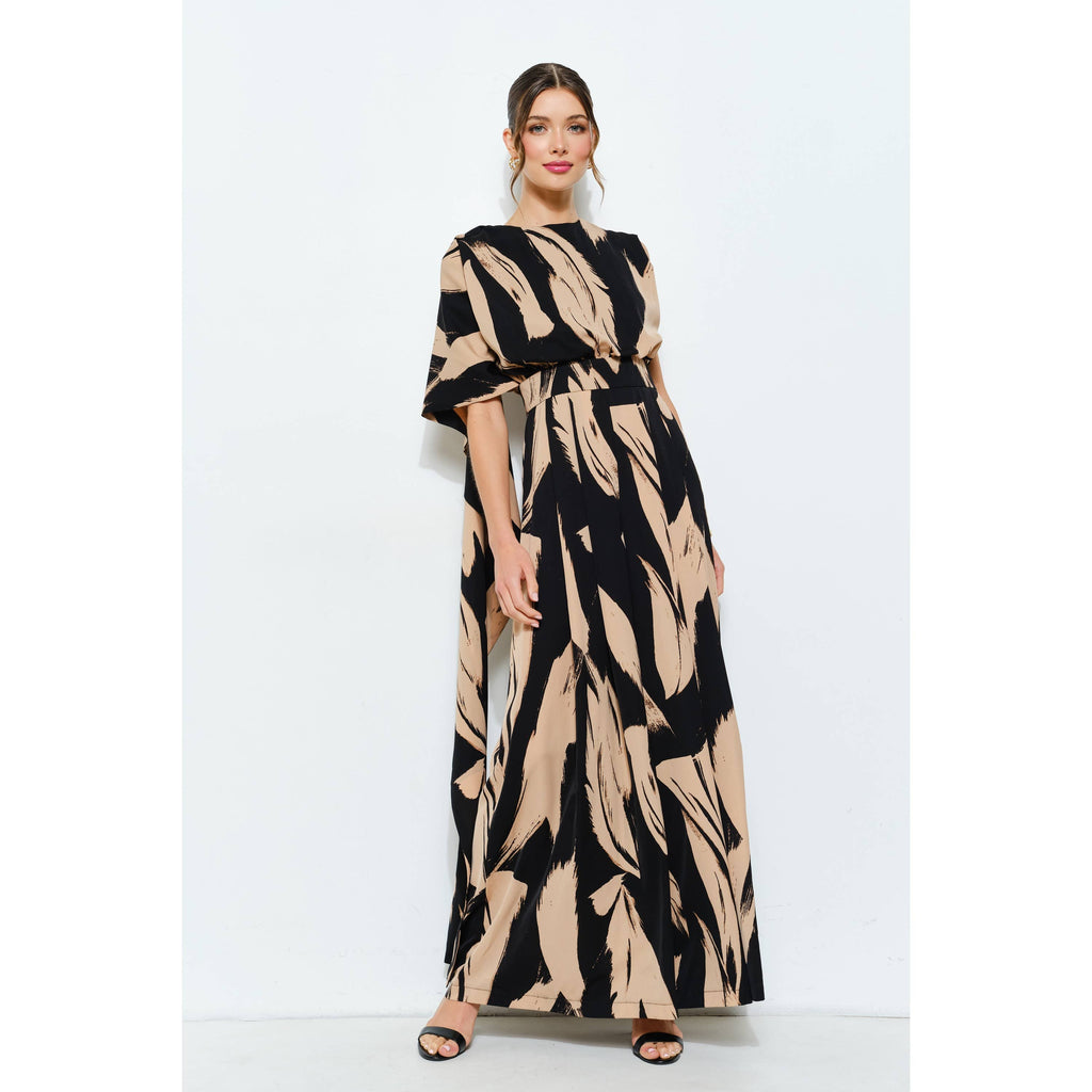 Abstract Draped Scarf-Neck Jumpsuit: