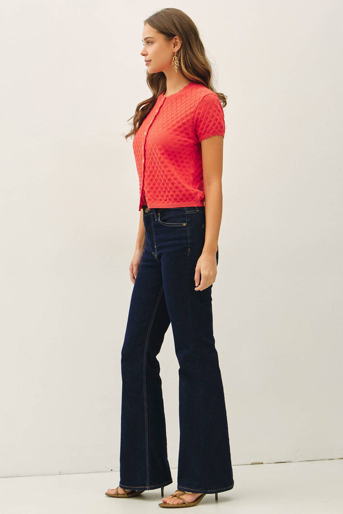 Pointelle Short Sleeve Cardi: Bright Tomatoe