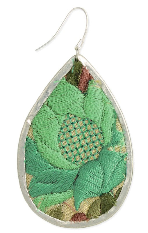 Green Embroidered Teardrop Earrings