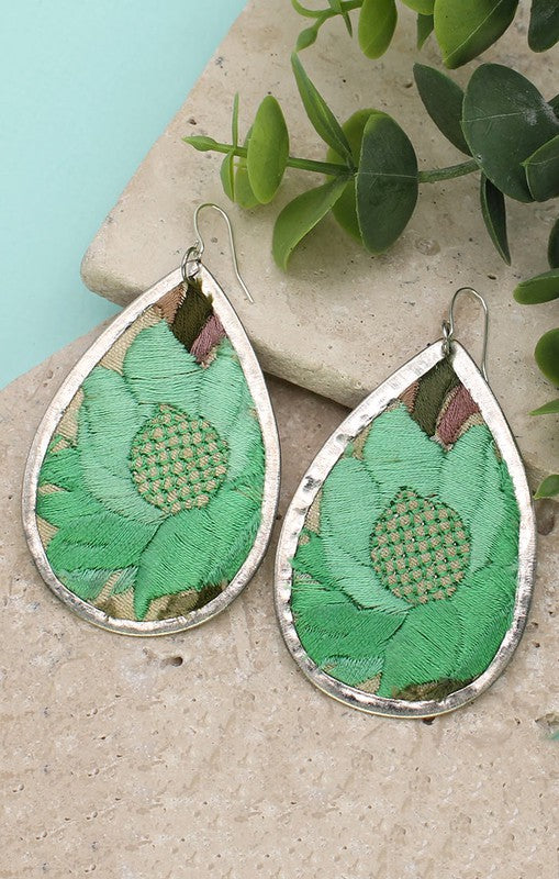 Green Embroidered Teardrop Earrings