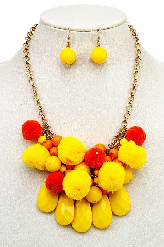 Stoned PomPom Necklace: Yellow