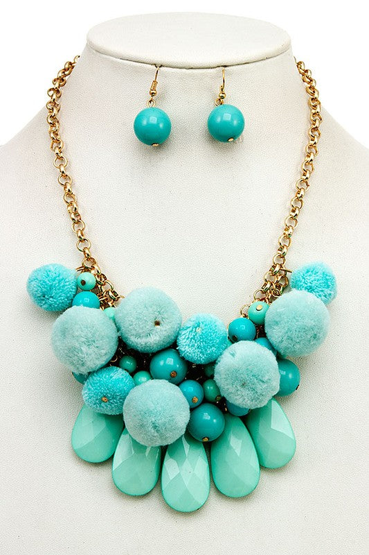Stoned PomPom Necklace: Blue