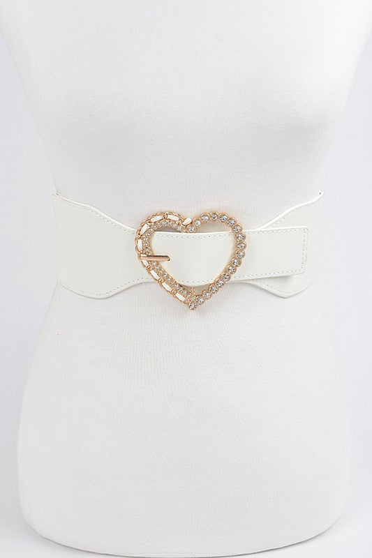 Rhinestone Heart Stretch Belt: White