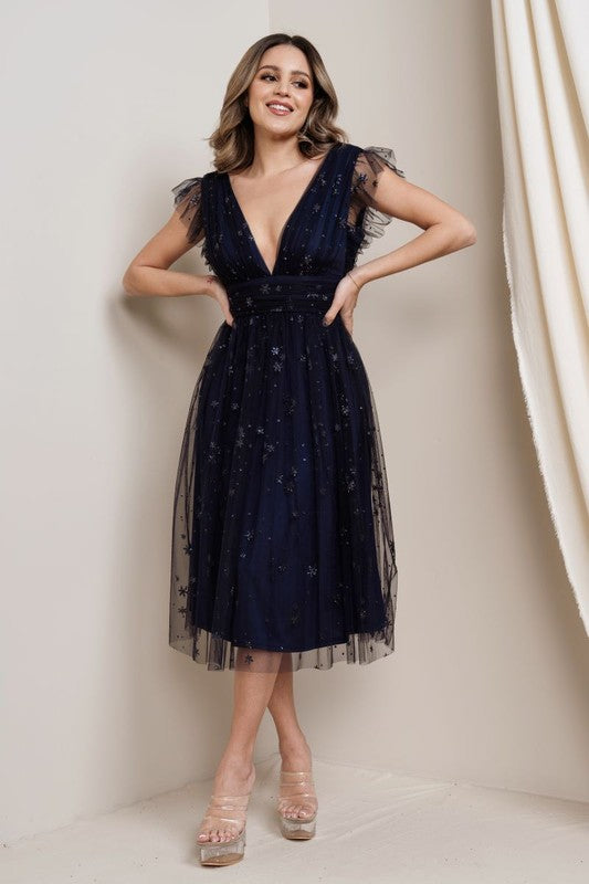 Black Star Glitter Midi Dress