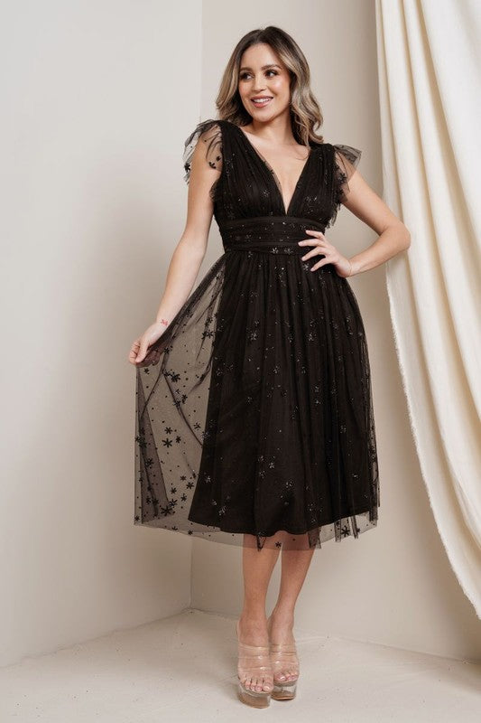 Black Star Glitter Midi Dress