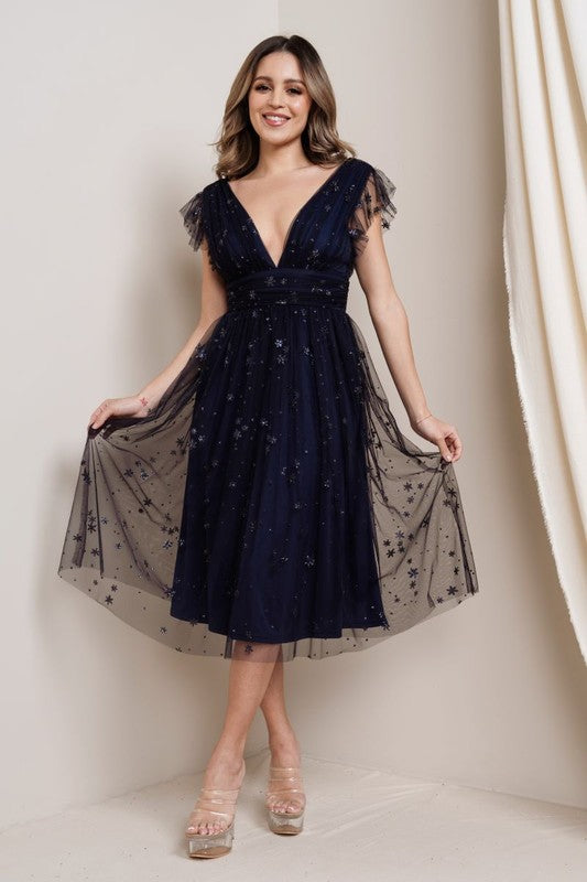 Black Star Glitter Midi Dress