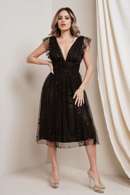 Black Star Glitter Midi Dress