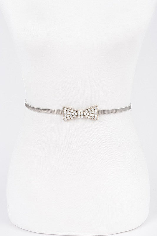 Stretch Metal Pearl Bow Belt: Silver