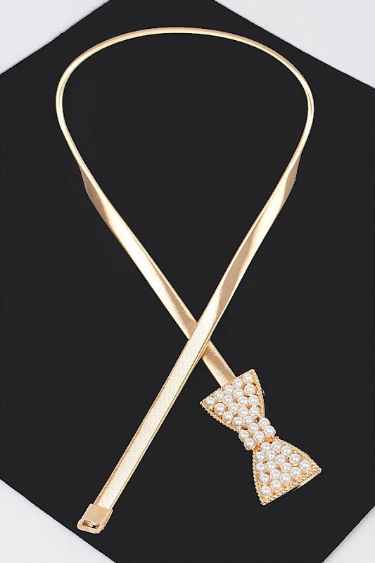 Stretch Metal Pearl Bow Belt: Gold