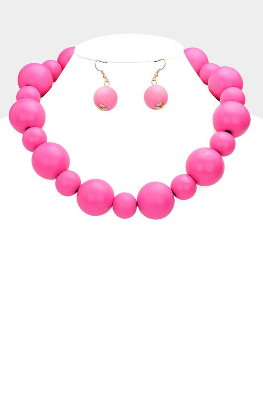 Wooden Chunky Bead Necklace: Fuchsia