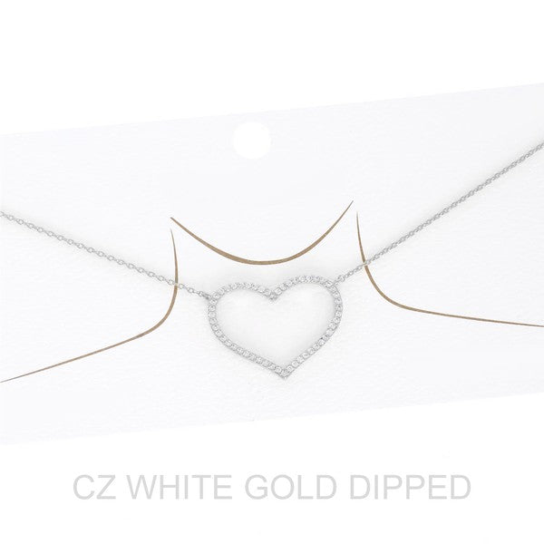 White Gold Plated Pave Heart Necklace