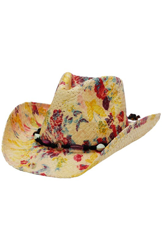 Floral Print Straw Cowgirl Hat