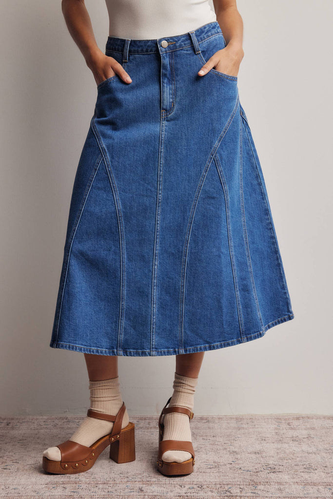 Paneled A-Line Stretch Denim Skirt
