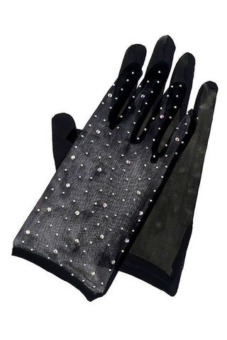 Rhinestone Mesh Opera Gloves: Black