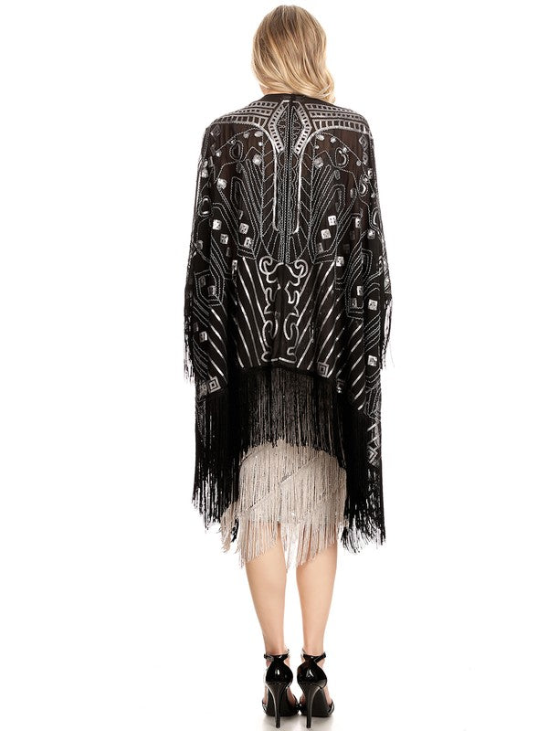 Deco Glam Beaded Shawl: Black-Silver