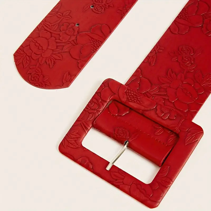 Embossed Faux Leather Belt: Red