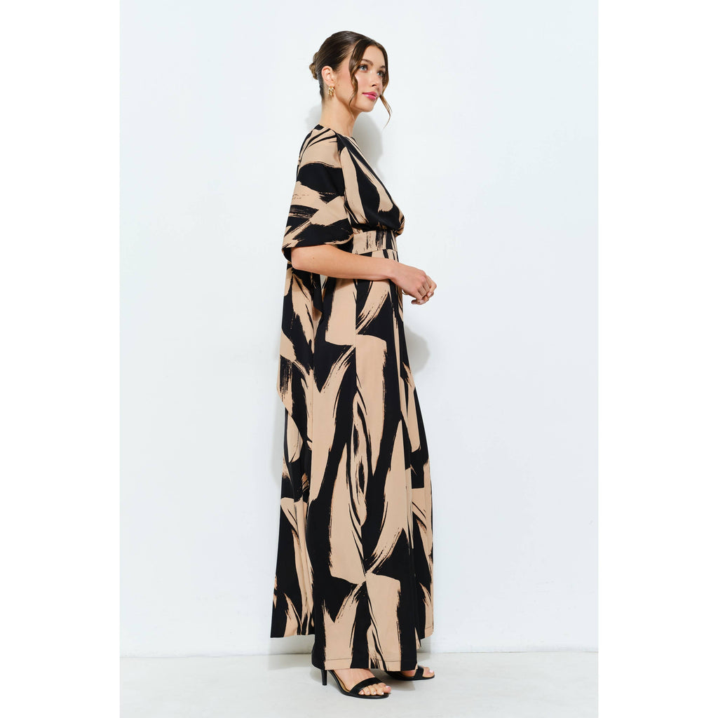 Abstract Draped Scarf-Neck Jumpsuit: