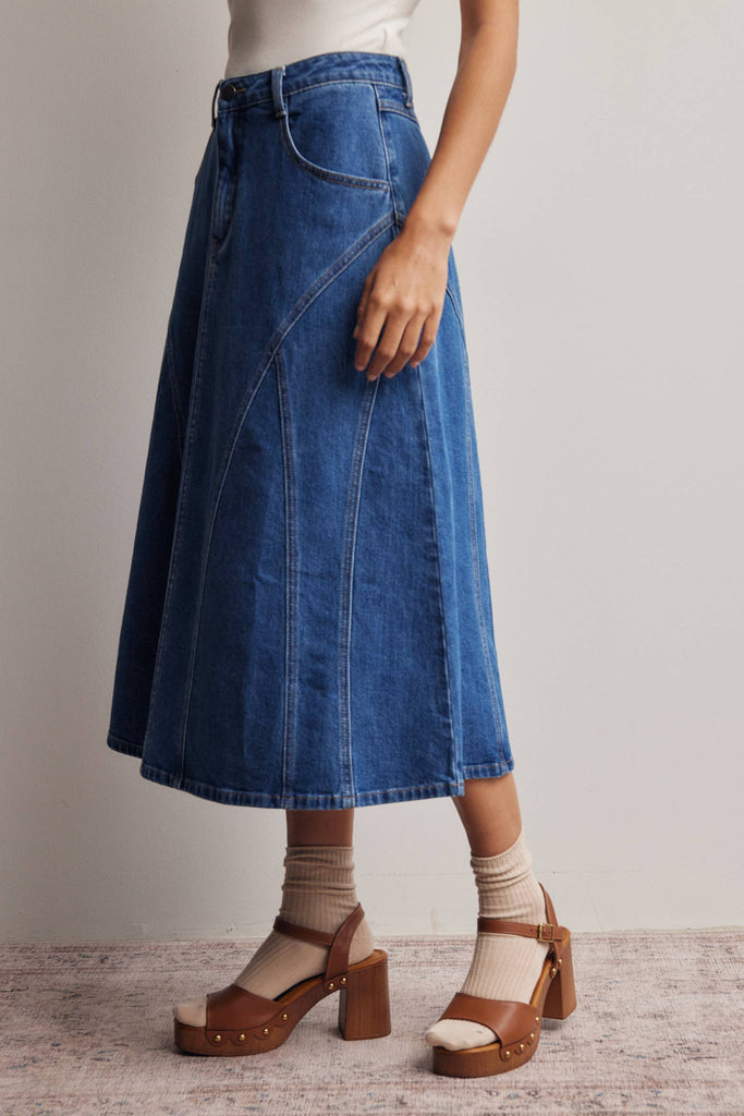Paneled A-Line Stretch Denim Skirt