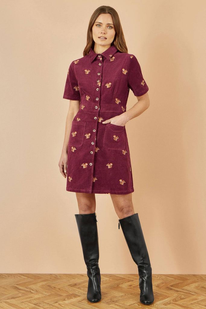 Cord Shirt Dress With Squirrel Embroidery