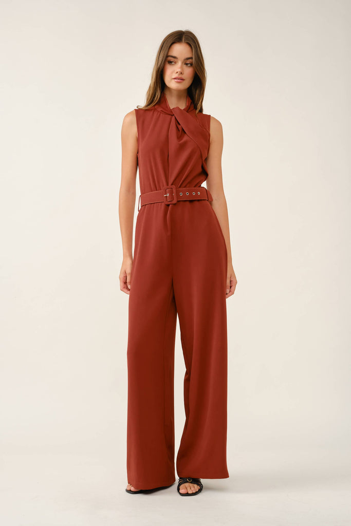 Rich Rust Sleeveless Belted Jumpsuit: