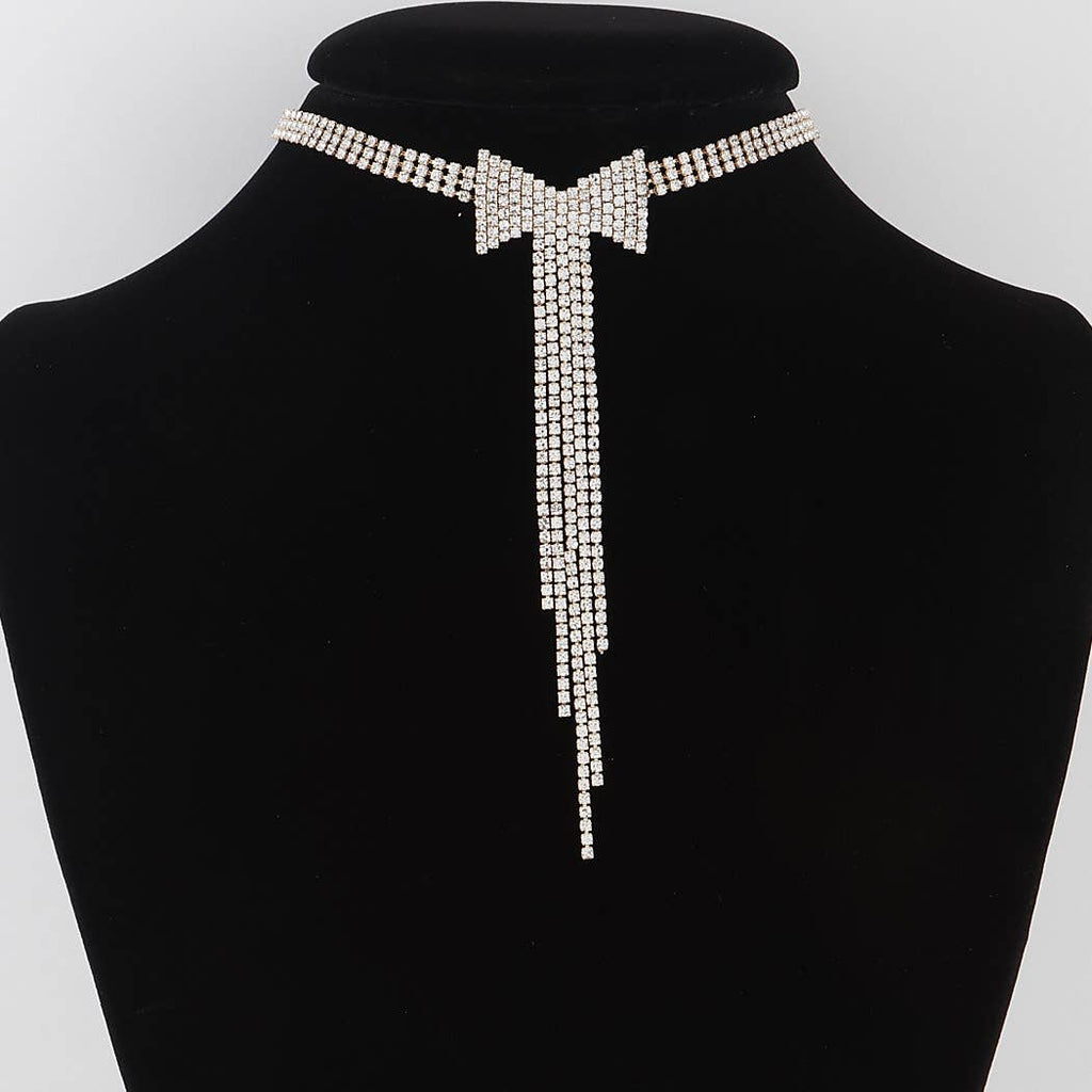 Jeweled Bow Tie Drop Necklace: Gold Clear