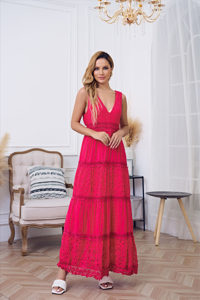 Hot Pink Embroidered Lace Dress
