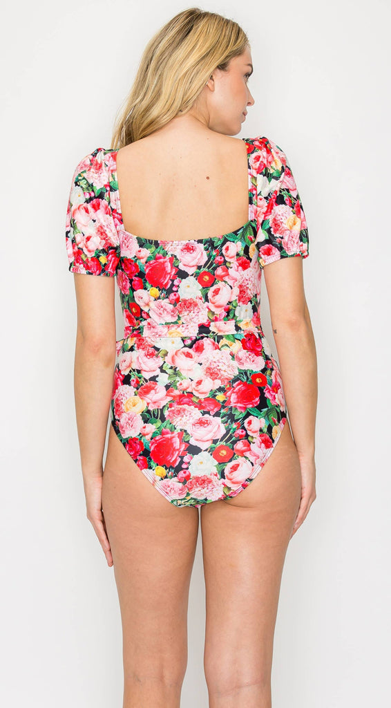 Puff Sleeve Swimsuit: Roses