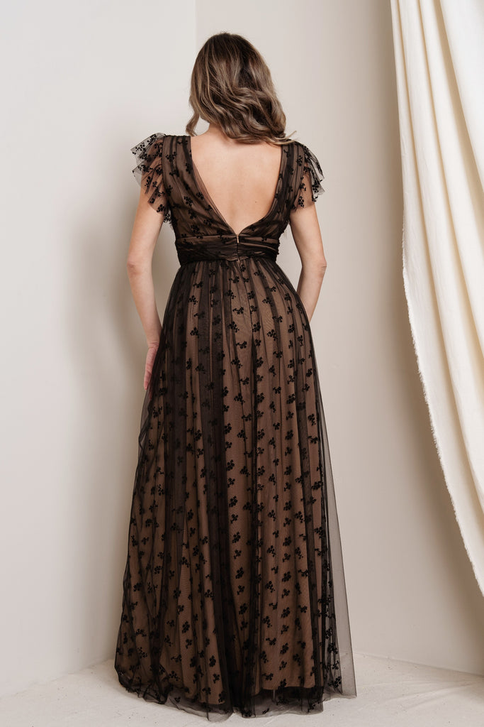 Flocked Mesh Flutter Maxi Dress