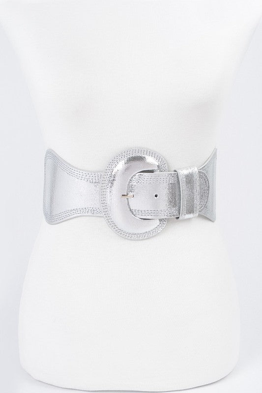 Plus Size Faux Leather Elastic Belt: Silver