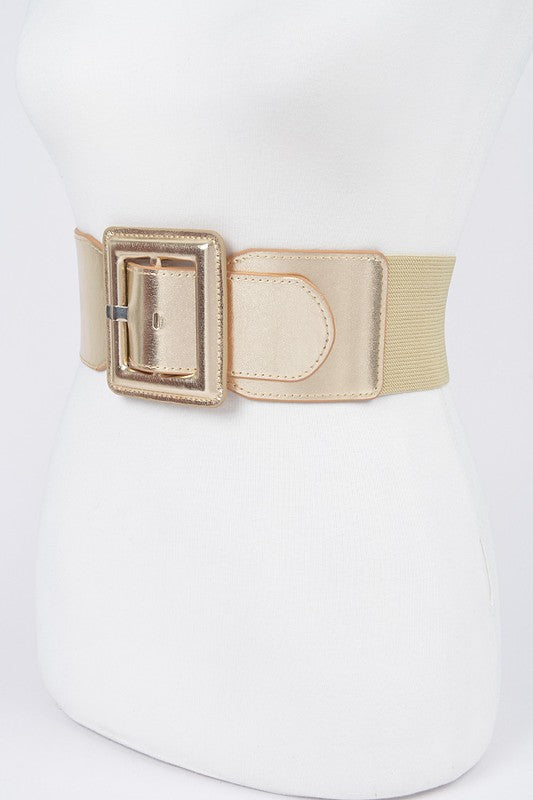 Metallic Faux Leather Stretch Belt: Gold