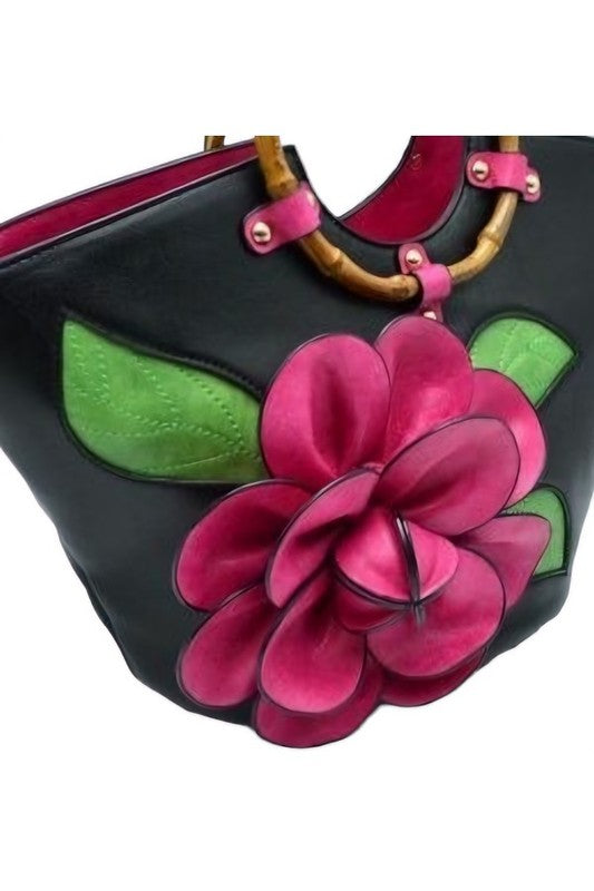 Large Flower Bamboo Handle Bag