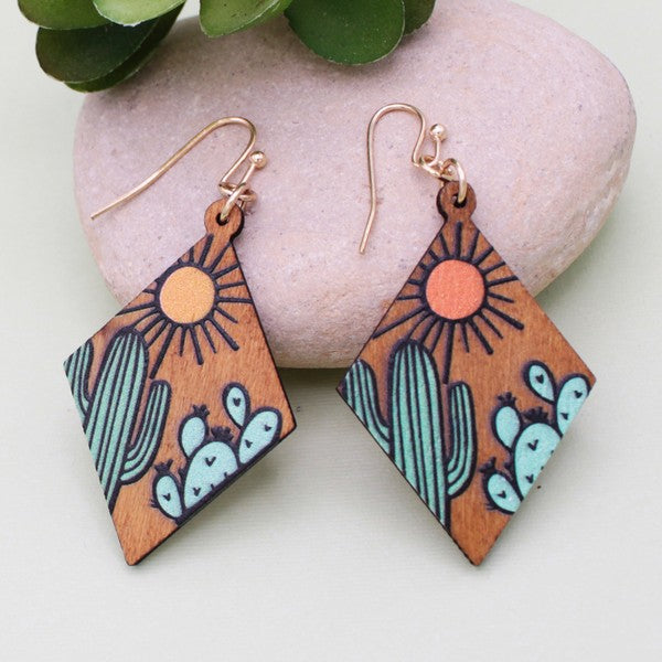 Desert Cactus Wood Earrings