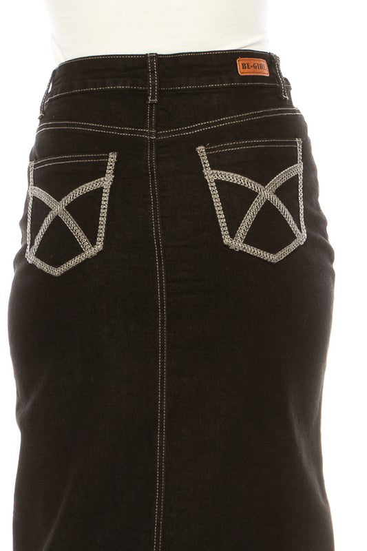 Black Denim Straight-Cut Skirt