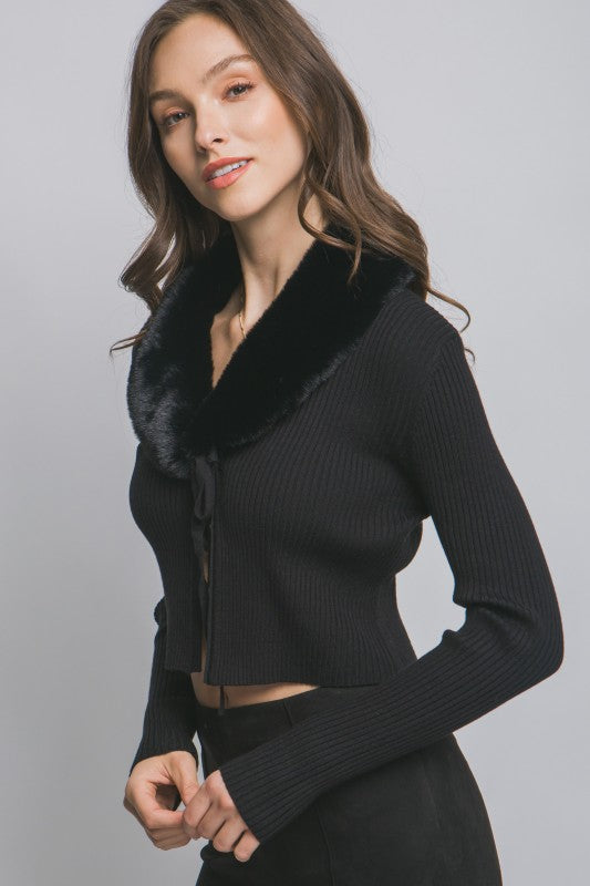 Fluffy Collar Cardigan: Black