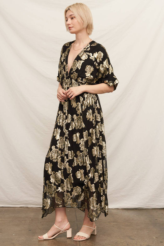 Gold Blossoms Kimono Maxi Dress