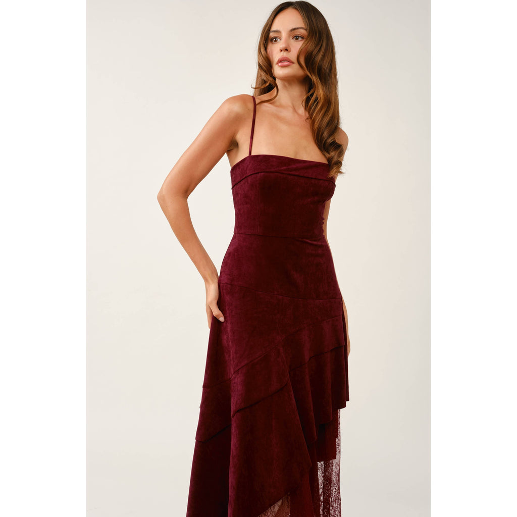 Chocolate Faux Suede And Lace Dress