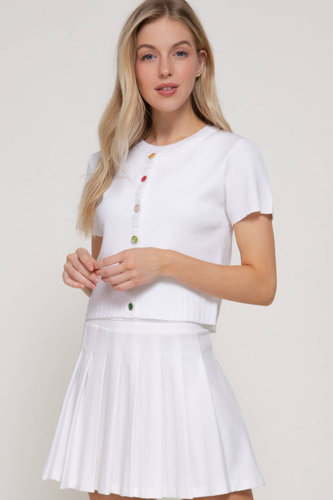Short Sleeve Rainbow Button Cardi: Off White