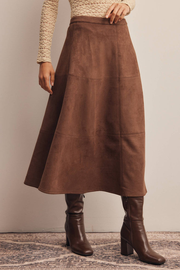 Stretch Suede A-Line Midi Skirt: Mocha