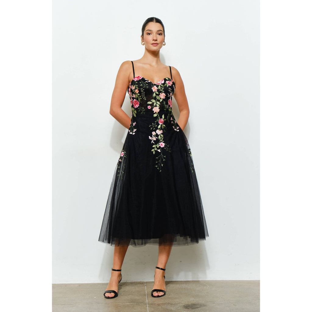 Embroidered Sweetheart Tulle Midi Dress