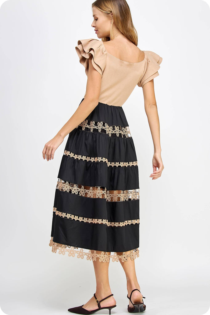 Mixed Media Lace Trim Midi Dress