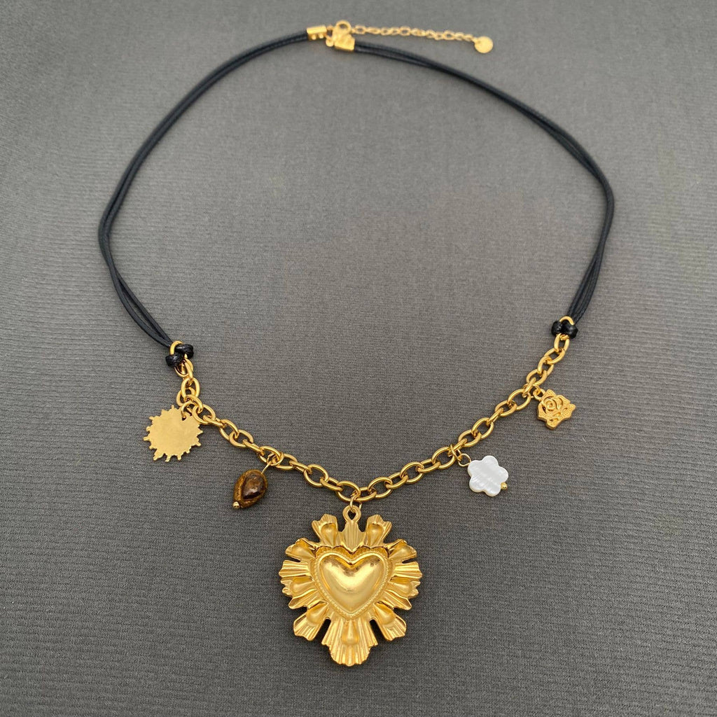 18K Enamel Heart Charm Wax Rope Necklace